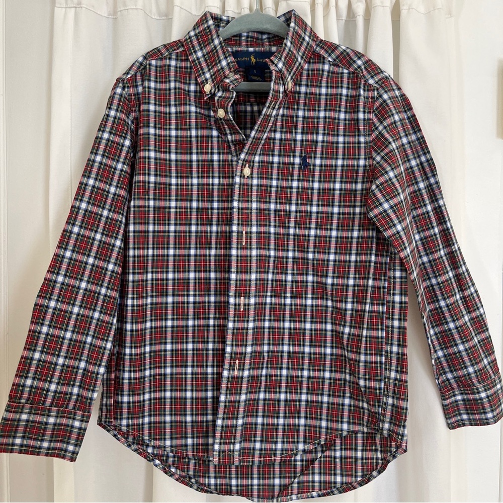ralph lauren boys size 5 long sleeve plaid button up shirt red and green